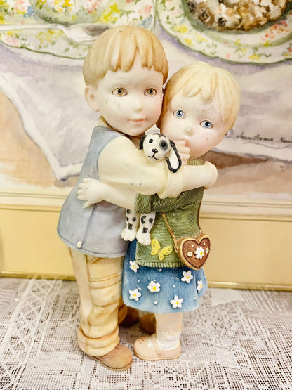 Vintage Children Figurine - Handcrafted Siblings with Dog - Ceramic Collectible