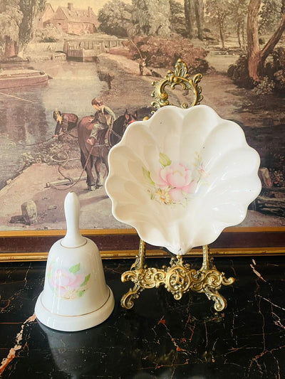 Vintage English Porcelain Bell & Shell Dish Set – Soft Pink Floral Design