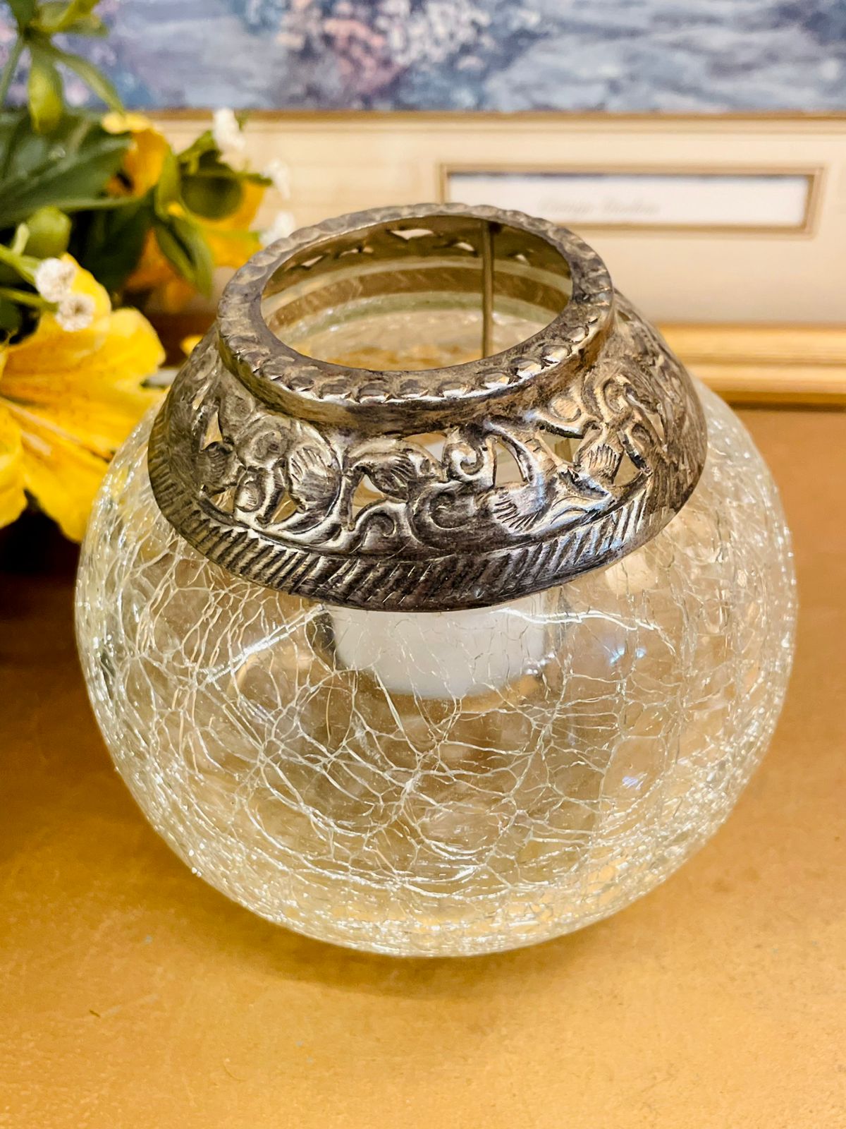 Vintage Crackle Glass Candle Holder – Antique Metal Rim