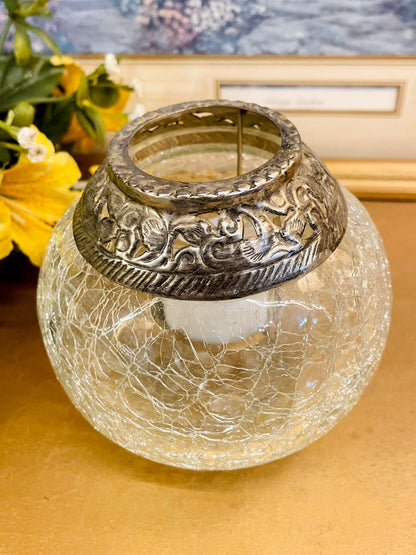Vintage Crackle Glass Candle Holder – Antique Metal Rim