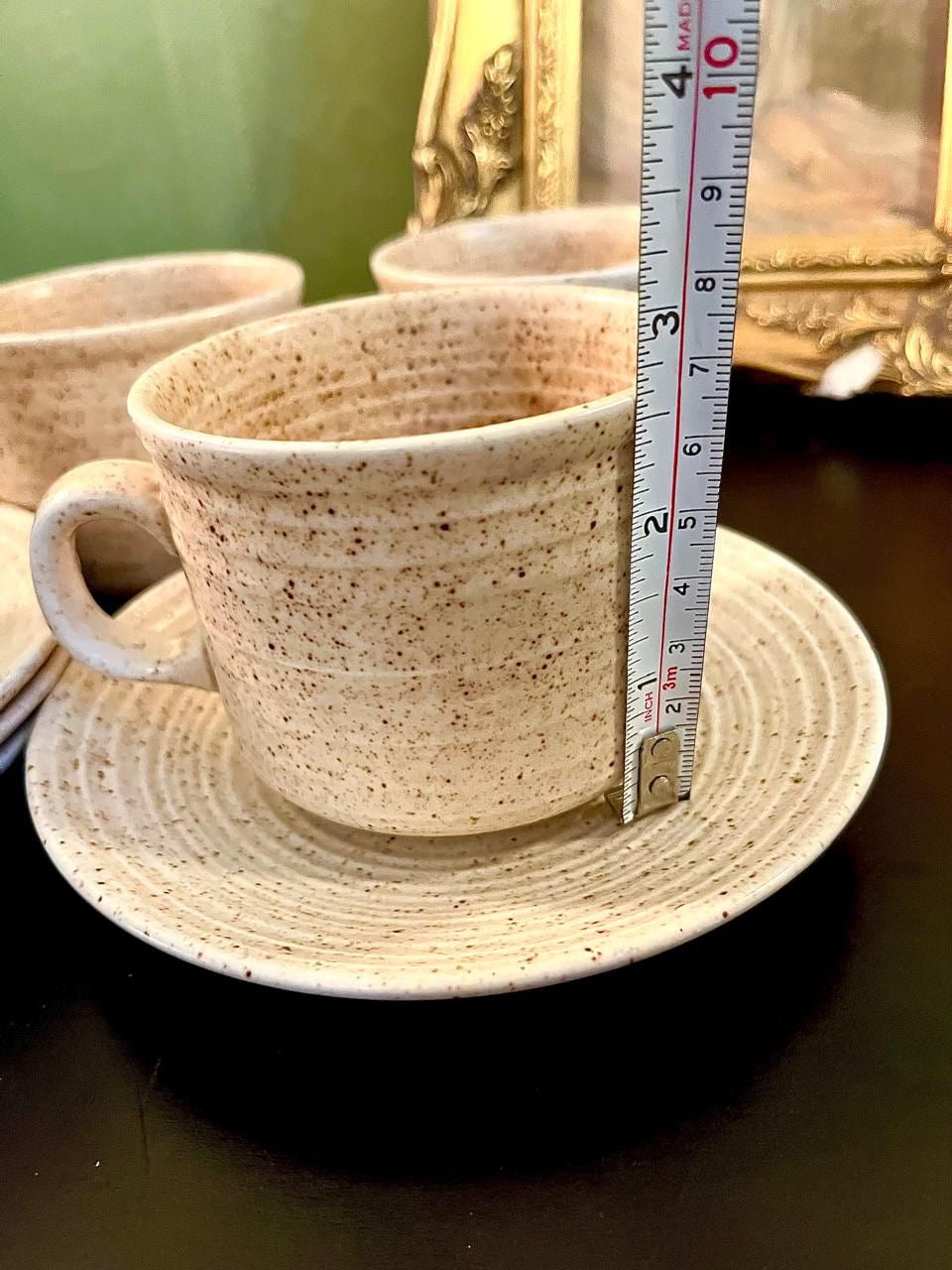 Vintage Speckled Stoneware Tea Cup & Saucer Set of 5