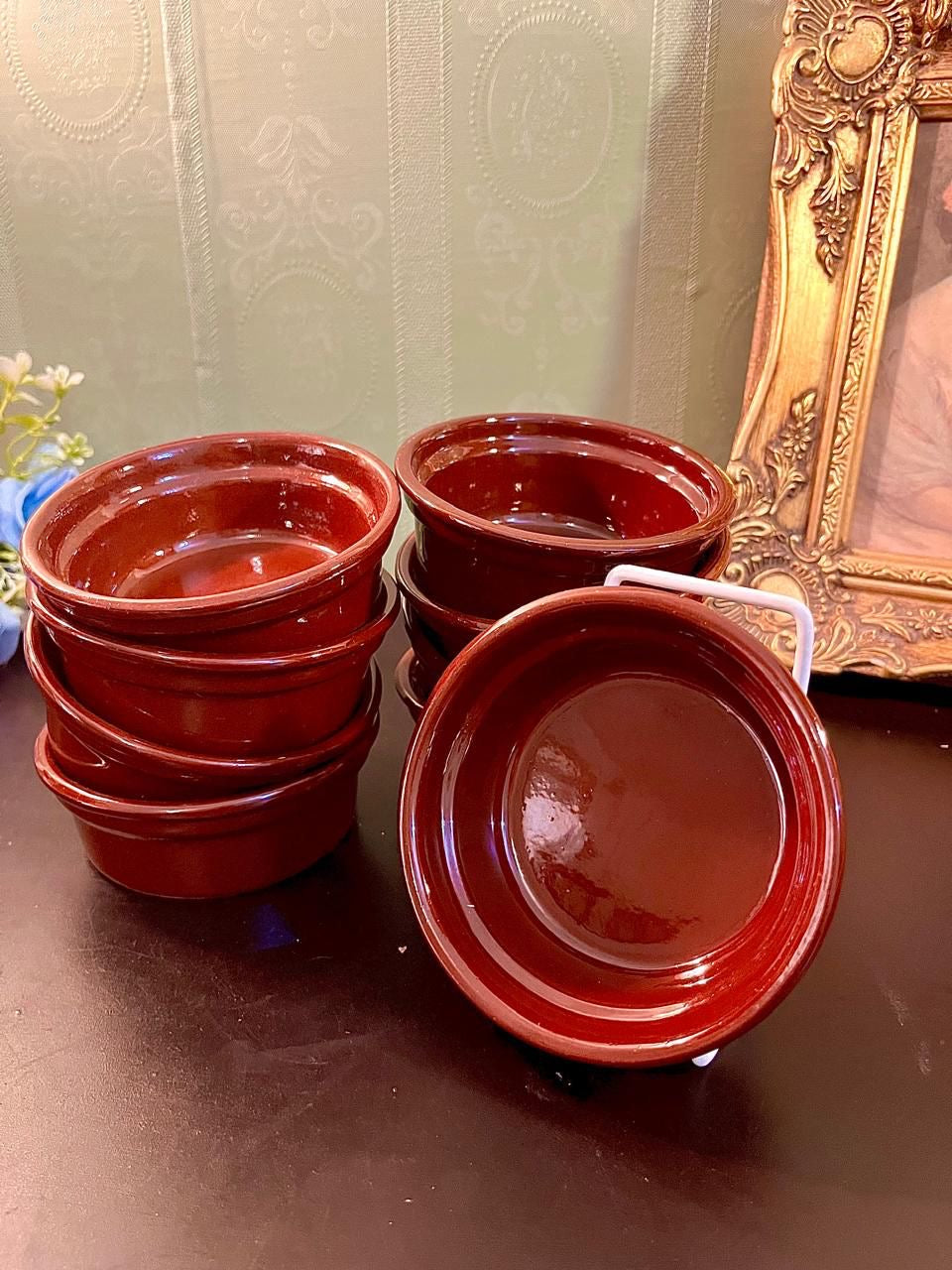 Set of 8 Vintage Brown Ceramic Ramekin Bowls 4 Inch