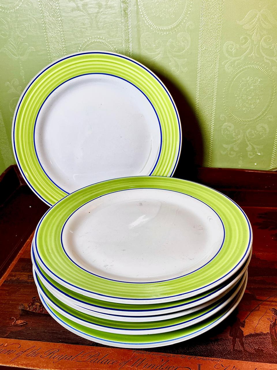 Rayware Green & Blue Rim Ceramic Medium Plates Set of 6 Approx. 8 Inch