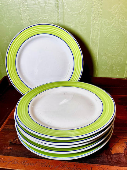 Rayware Green & Blue Rim Ceramic Medium Plates Set of 6 Approx. 8 Inch
