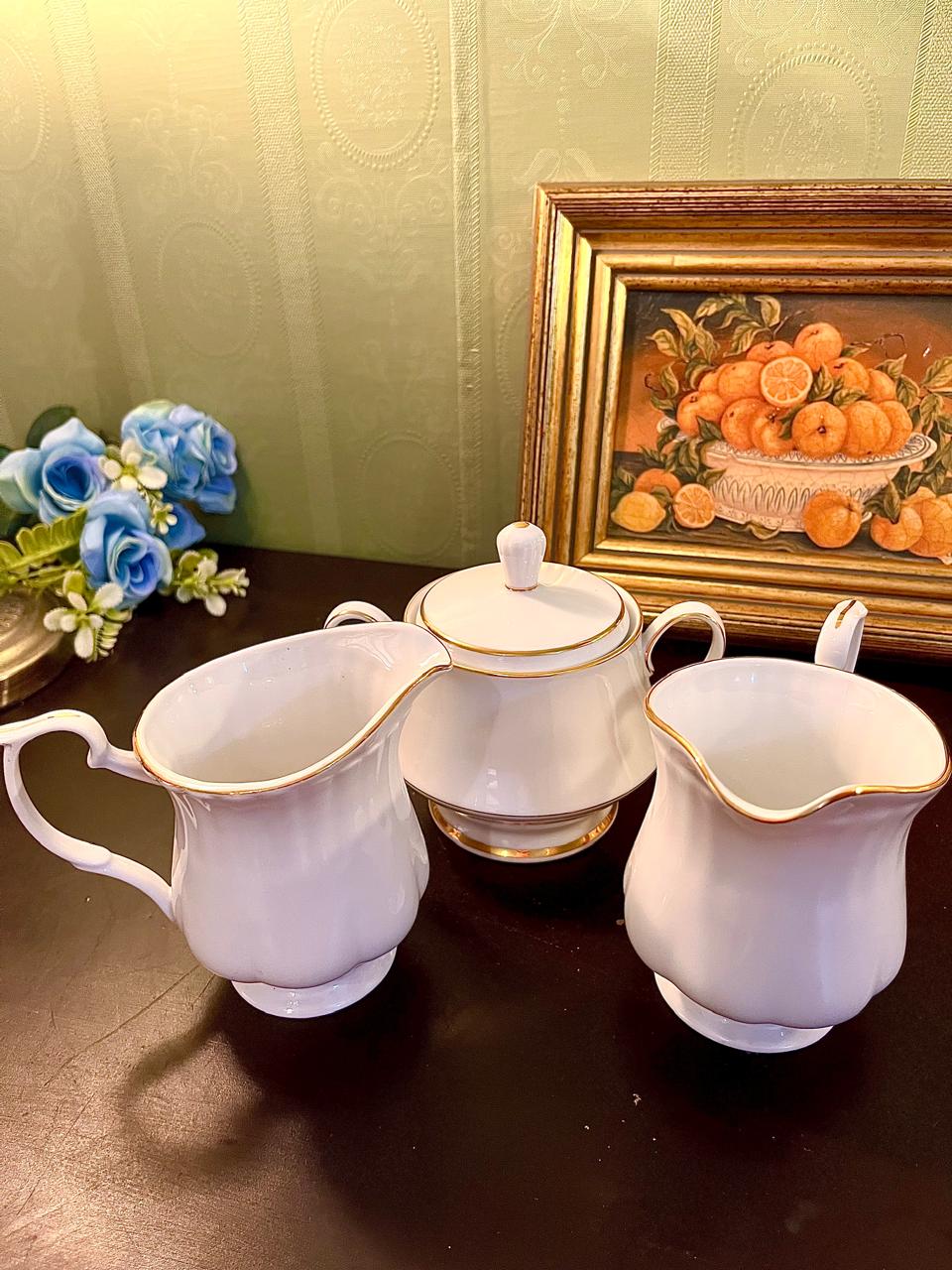 Vintage White Gold Trim Creamer & Sugar Bowl Set 10 cm