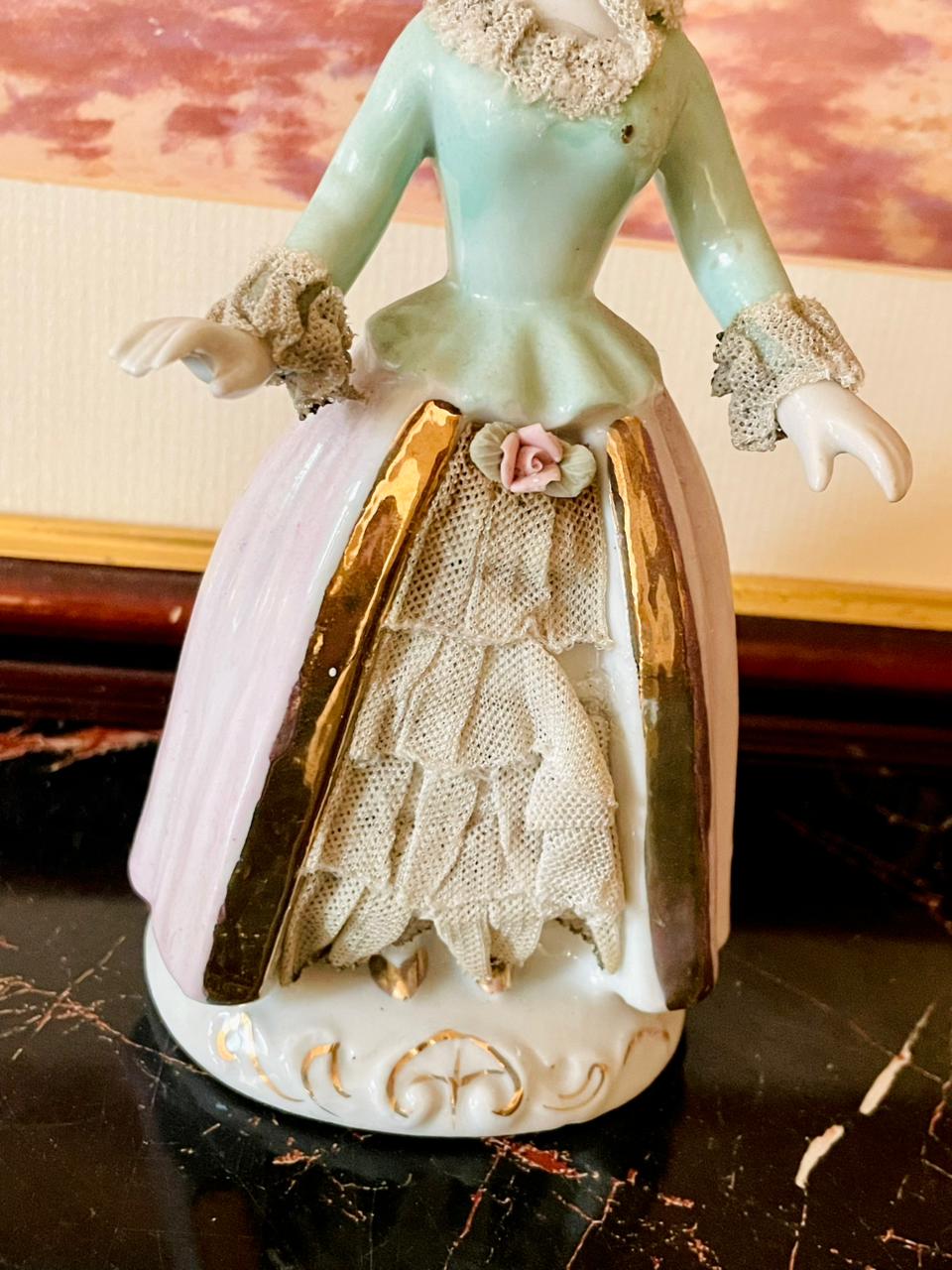 Vintage Porcelain Lady Figurine – Handcrafted with Lace Dress & Gold Trim