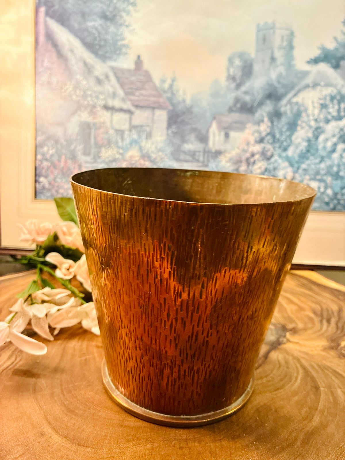 Vintage Brass Cachepot Planter with Woodgrain Finish
