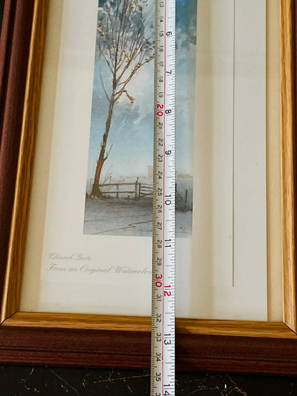 Set of 2 Vintage Framed Art Prints – “Church Gate” & Sailboat – Slim Landscape Artwork – Wooden Frames