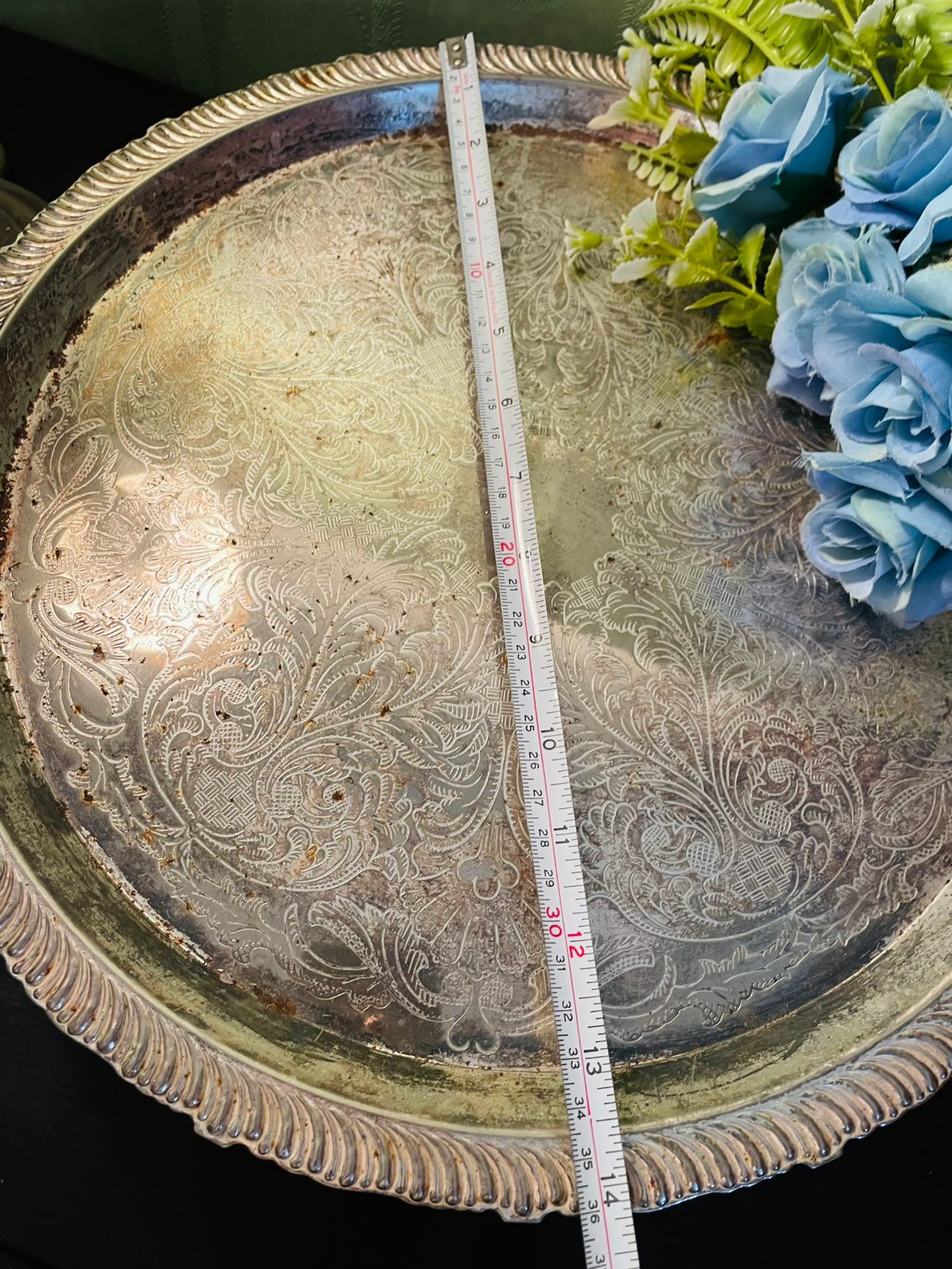 Vintage Silver Plated Round Serving Tray 14 Inch