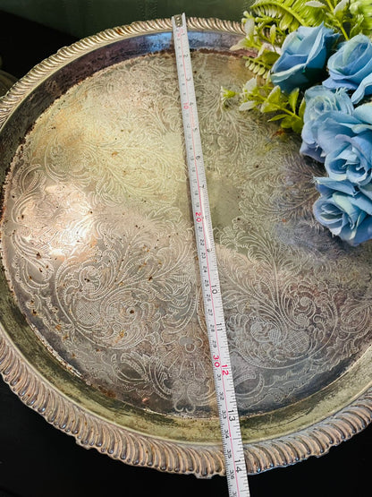 Vintage Silver Plated Round Serving Tray 14 Inch