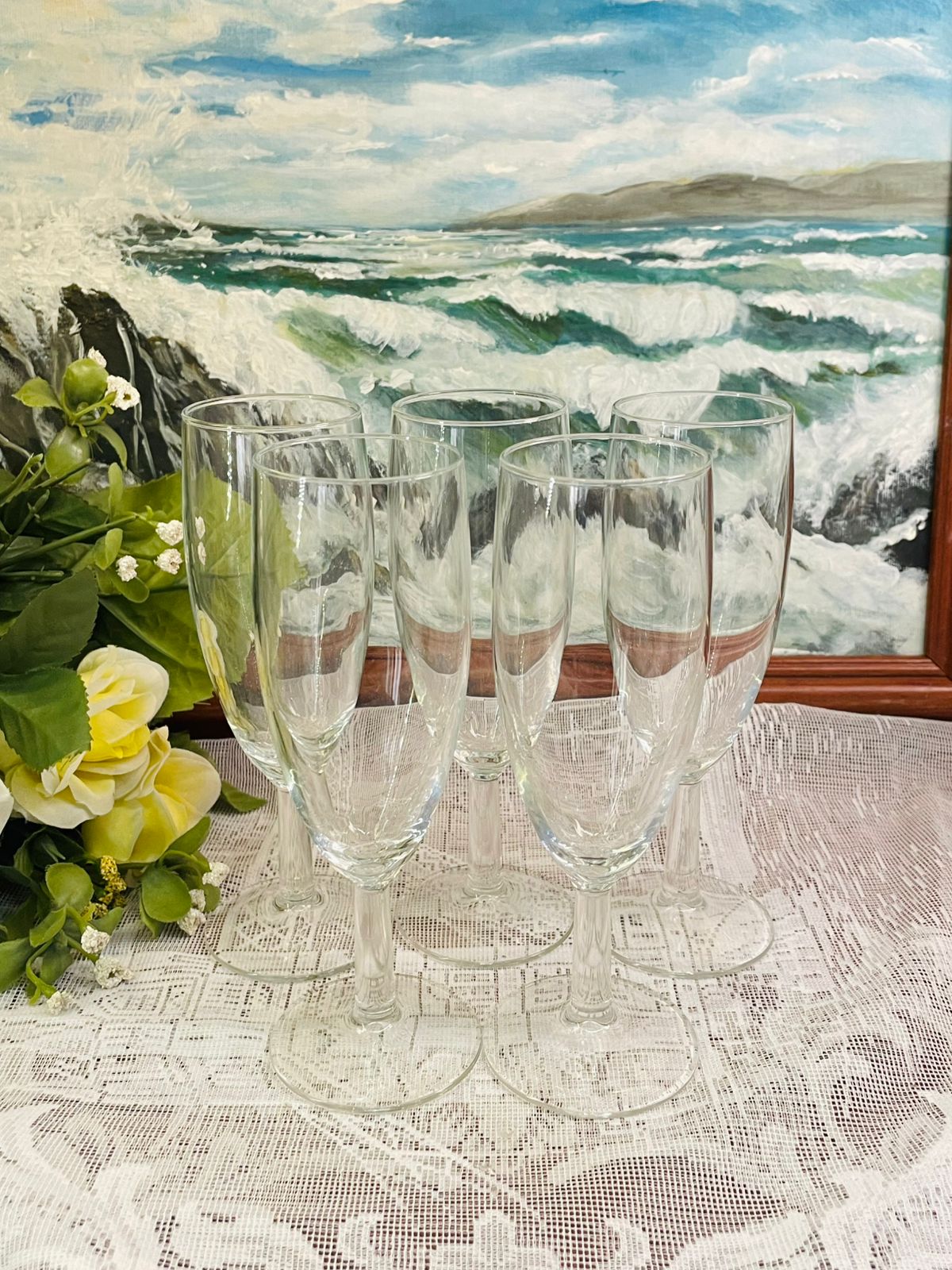 Set of 5 French Champagne Flutes Vintage Glassware