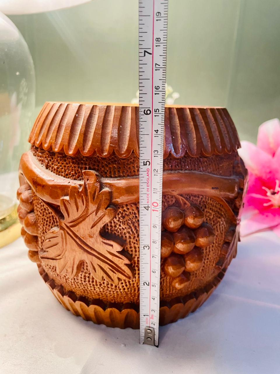 Carved Wooden Grape & Leaf Decorative Planter 6 in