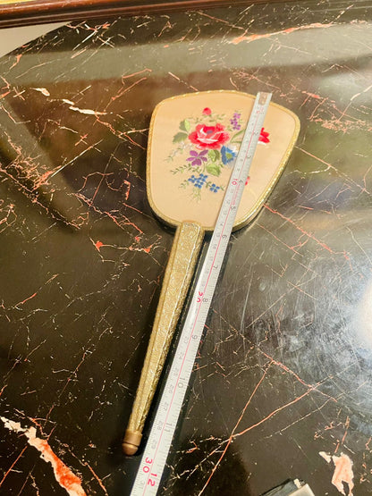 Vintage Handheld Vanity Mirror with Embroidered Floral Back – England