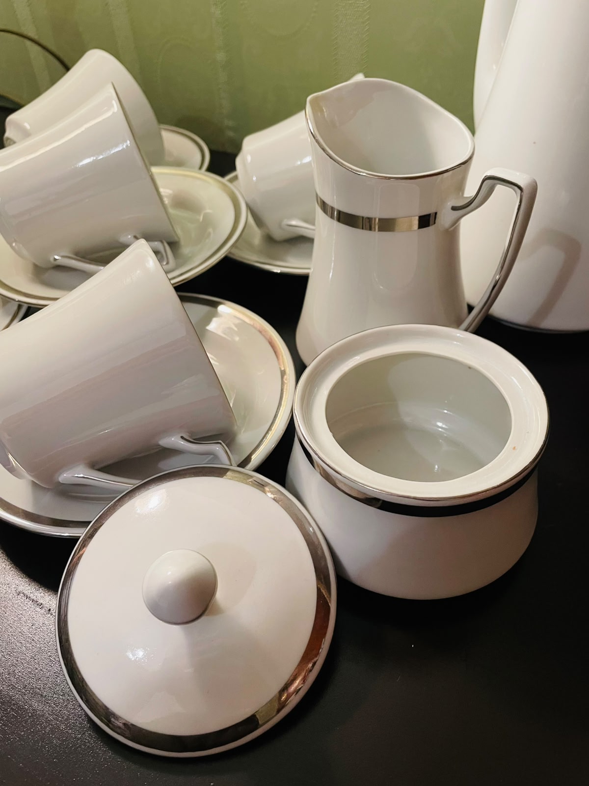 Vintage Wawrzyniec Poland Porcelain Tea Set with Silver Trim