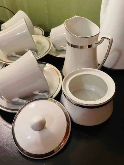 Vintage Wawrzyniec Poland Porcelain Tea Set with Silver Trim