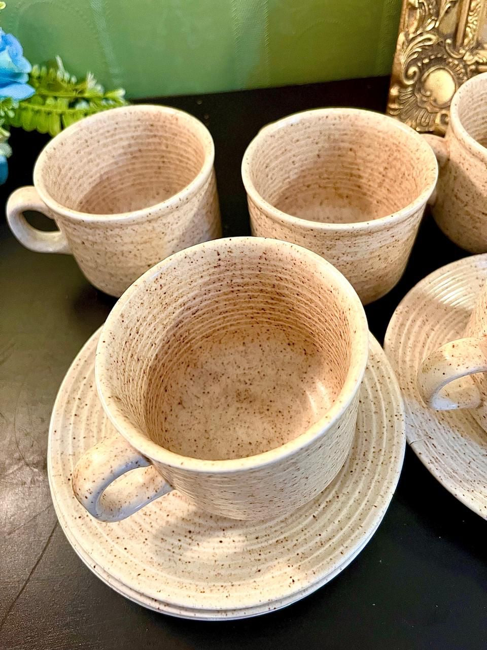Vintage Speckled Stoneware Tea Cup & Saucer Set of 5