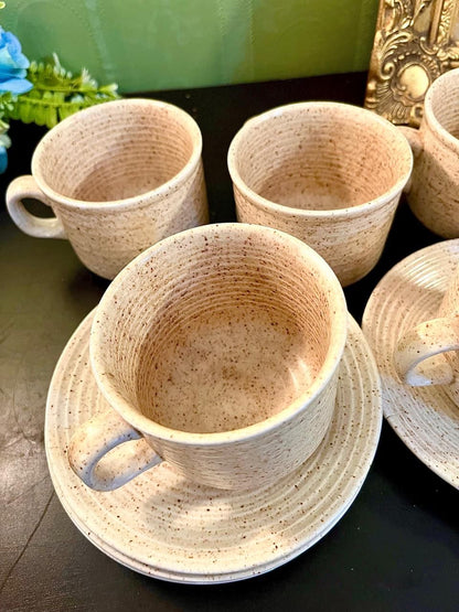 Vintage Speckled Stoneware Tea Cup & Saucer Set of 5
