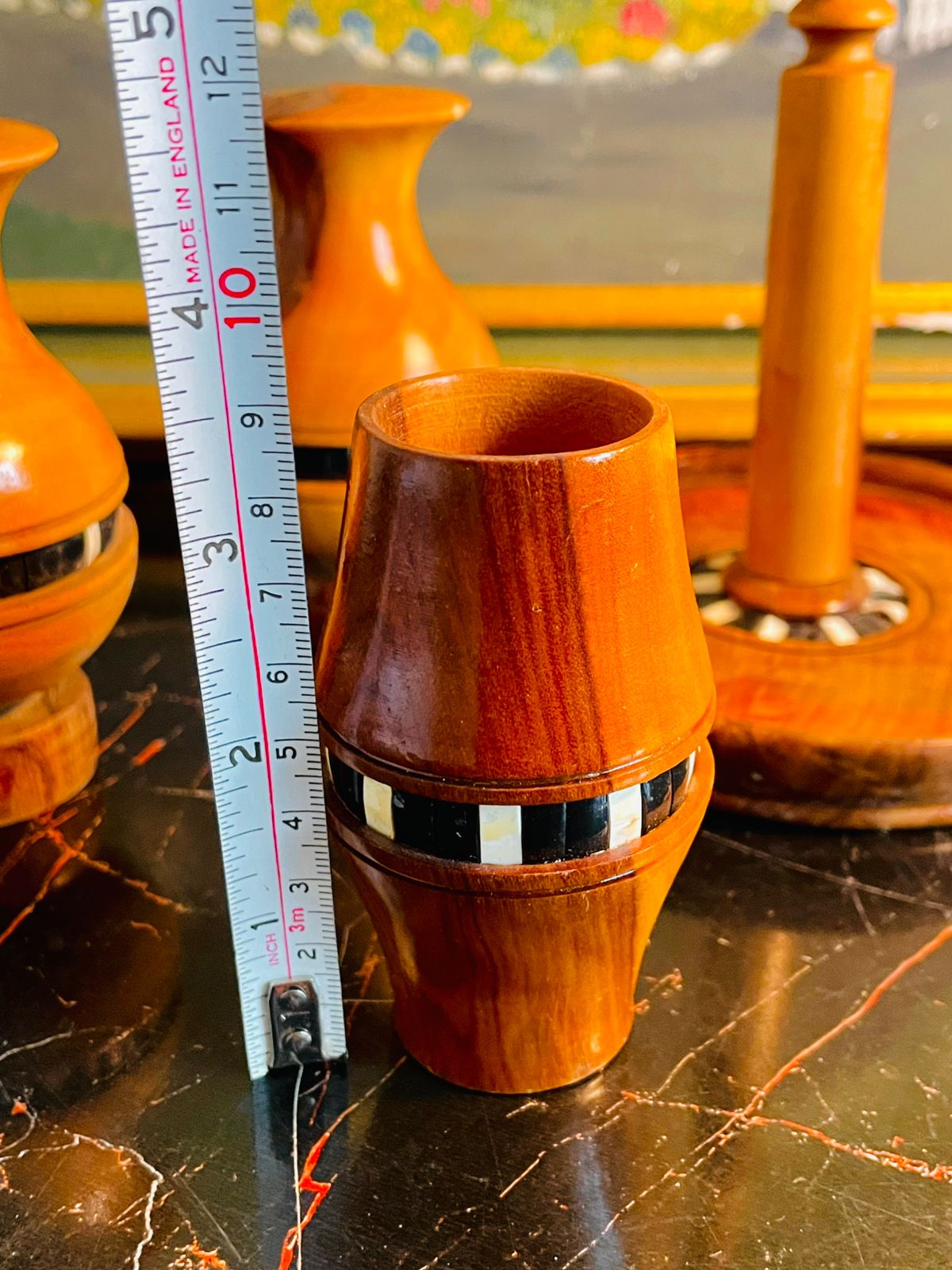 Vintage Wooden Condiment Set with Inlay – Salt, Pepper & Toothpick