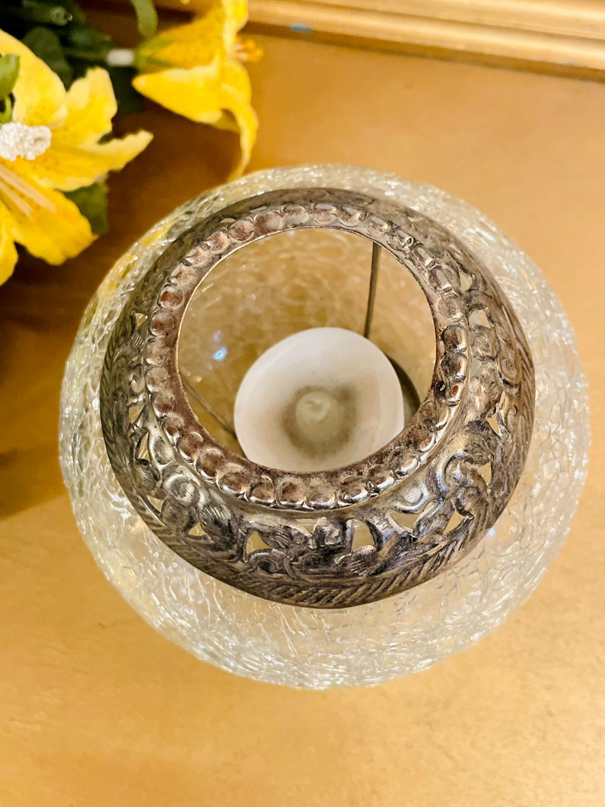 Vintage Crackle Glass Candle Holder – Antique Metal Rim