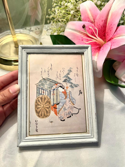 Japanese Cart Scene Framed Painting Grey Frame Approx. 17 cm