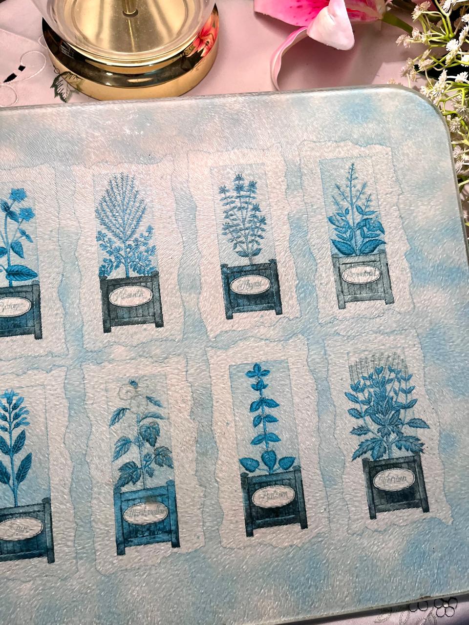 Blue Botanical Rectangular Cutting Board 16 Inch