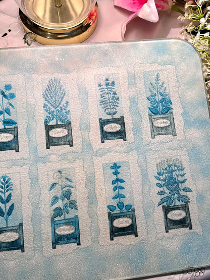 Blue Botanical Rectangular Cutting Board 16 Inch