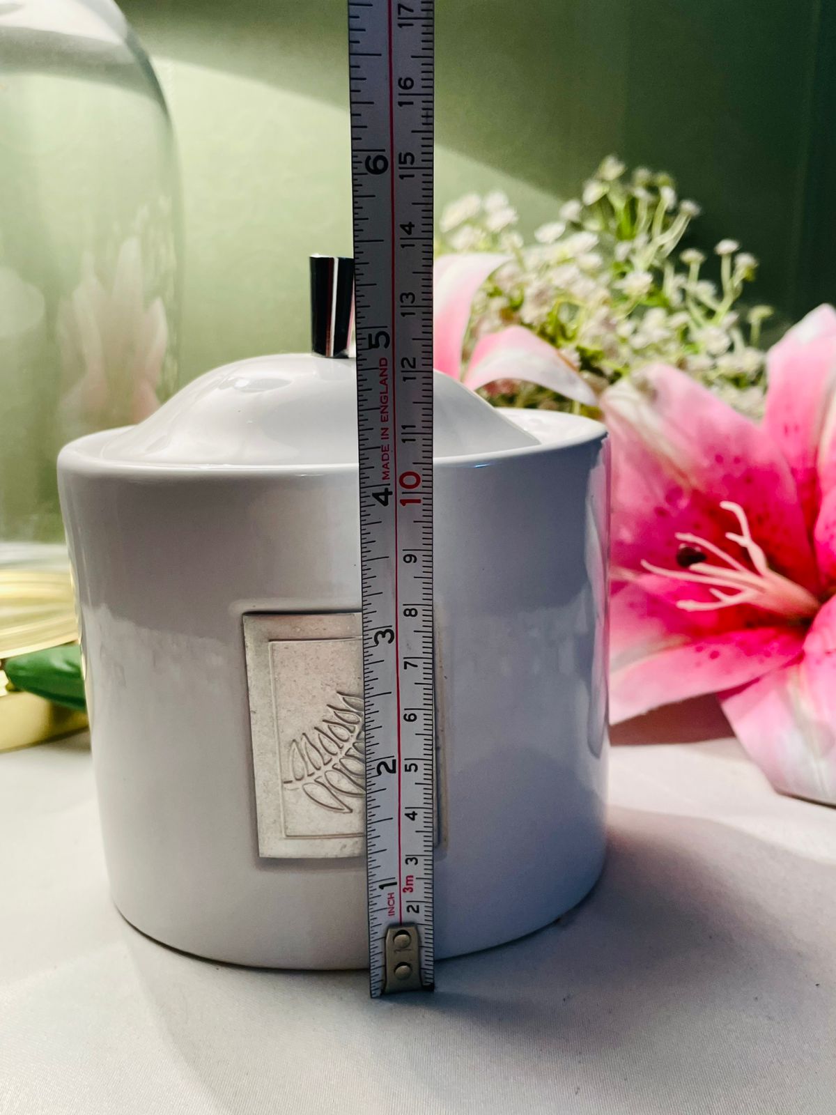 White Ceramic Lidded Storage Canister with Decorative Plaque