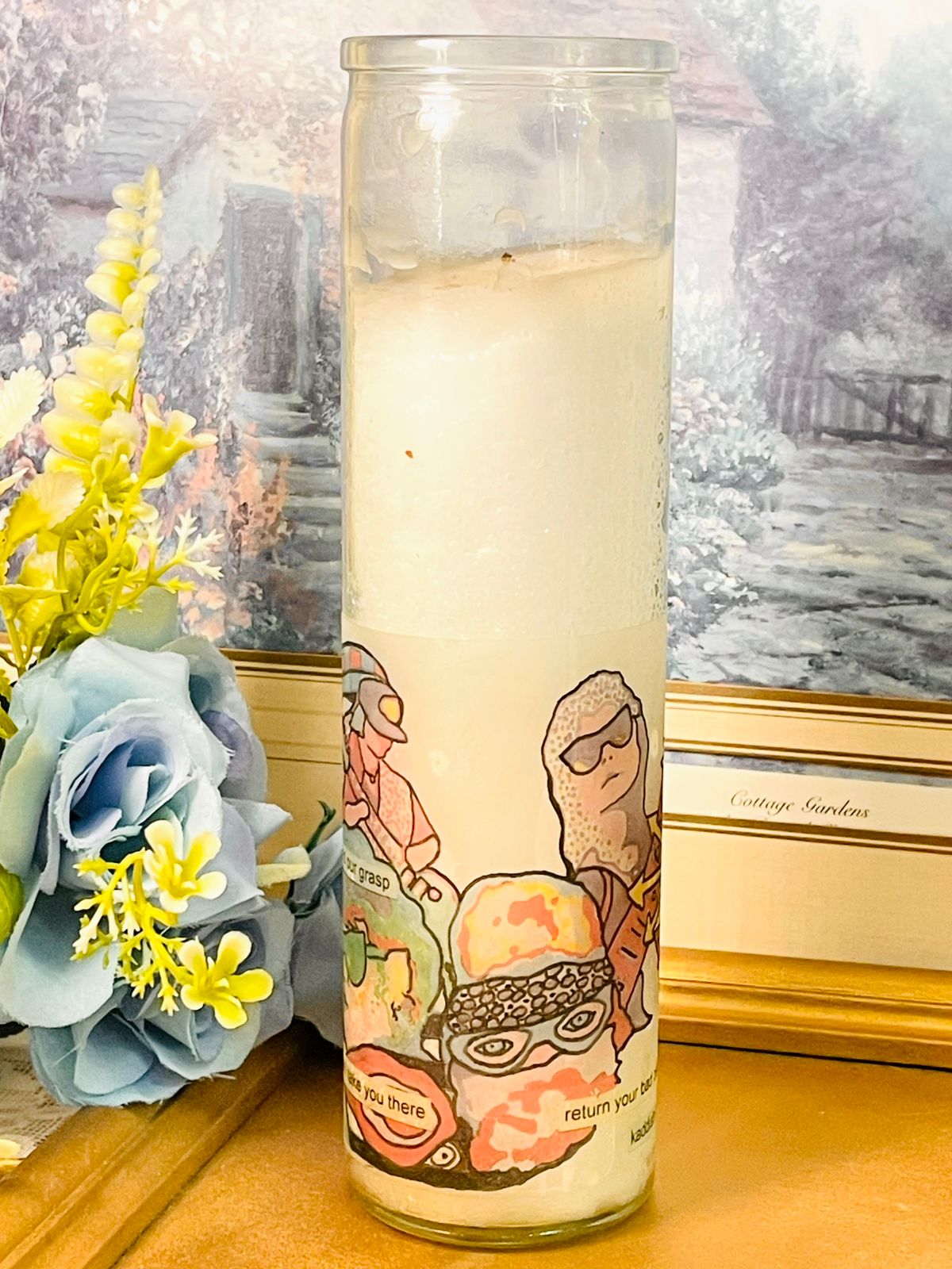 Tall White Candle jar with Artistic Label Home Decor