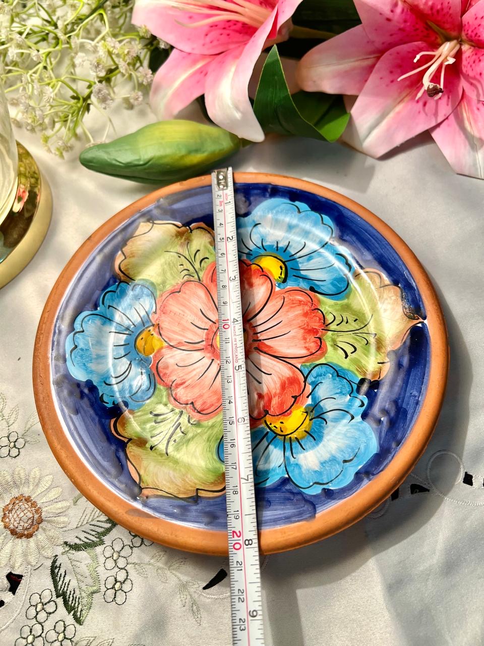 Hand Painted De Cordoba Blue & Pink Floral Terracotta Wall Plate – 8 Inch