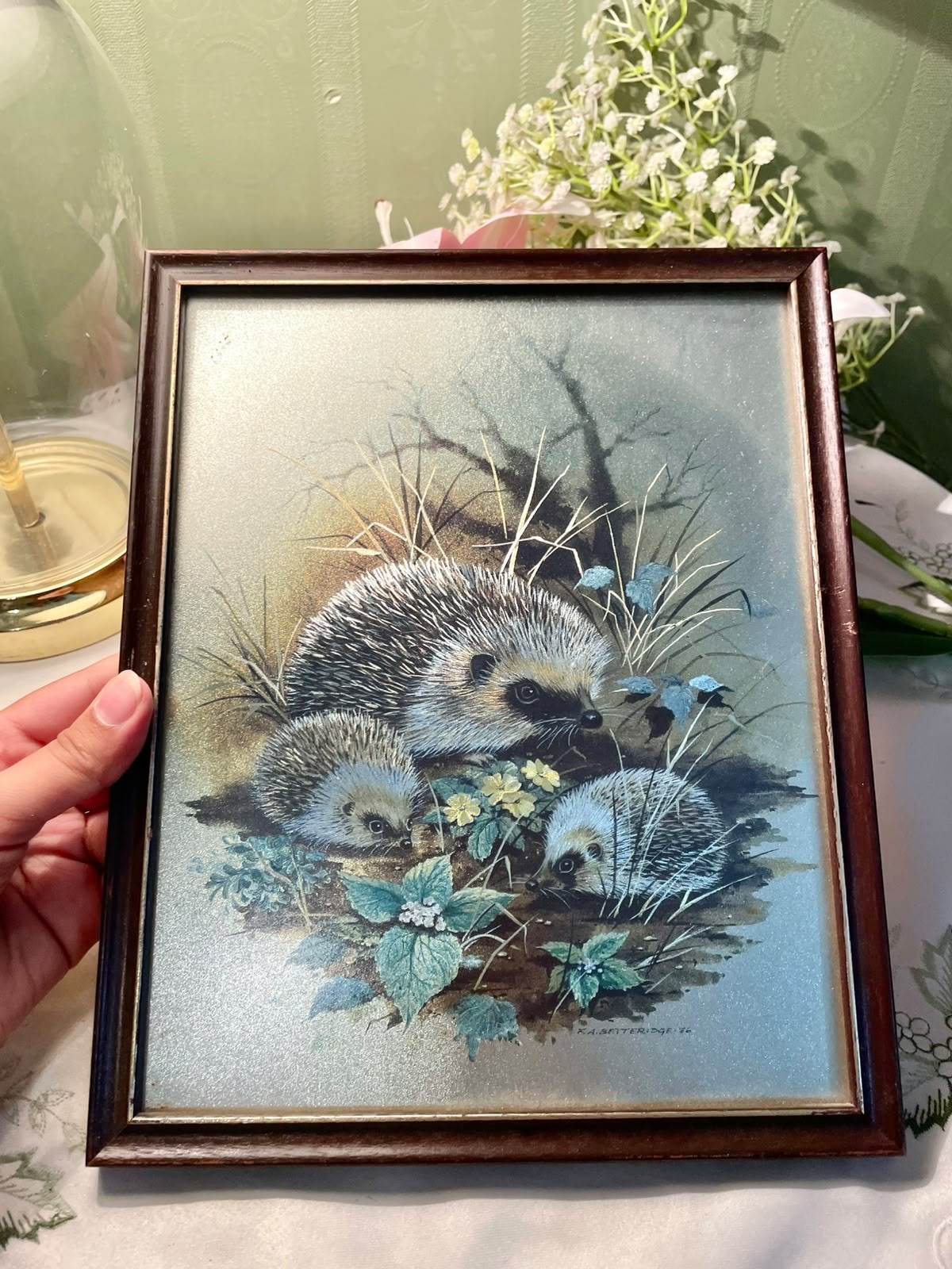 Vintage Hedgehog Family Framed Artwork Approx. 11 Inch