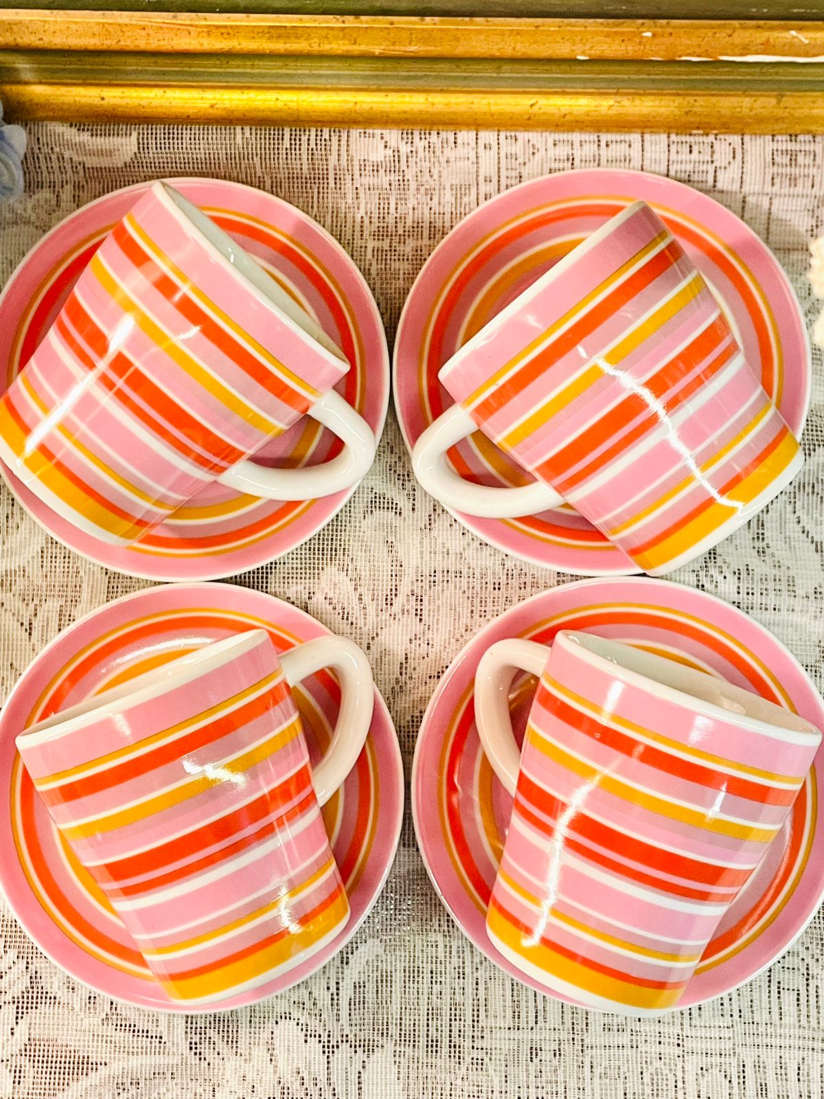 Vintage Pink Stripe Mugs & Saucers Set of 4