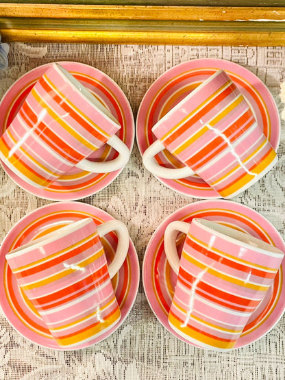 Vintage Pink Stripe Mugs & Saucers Set of 4