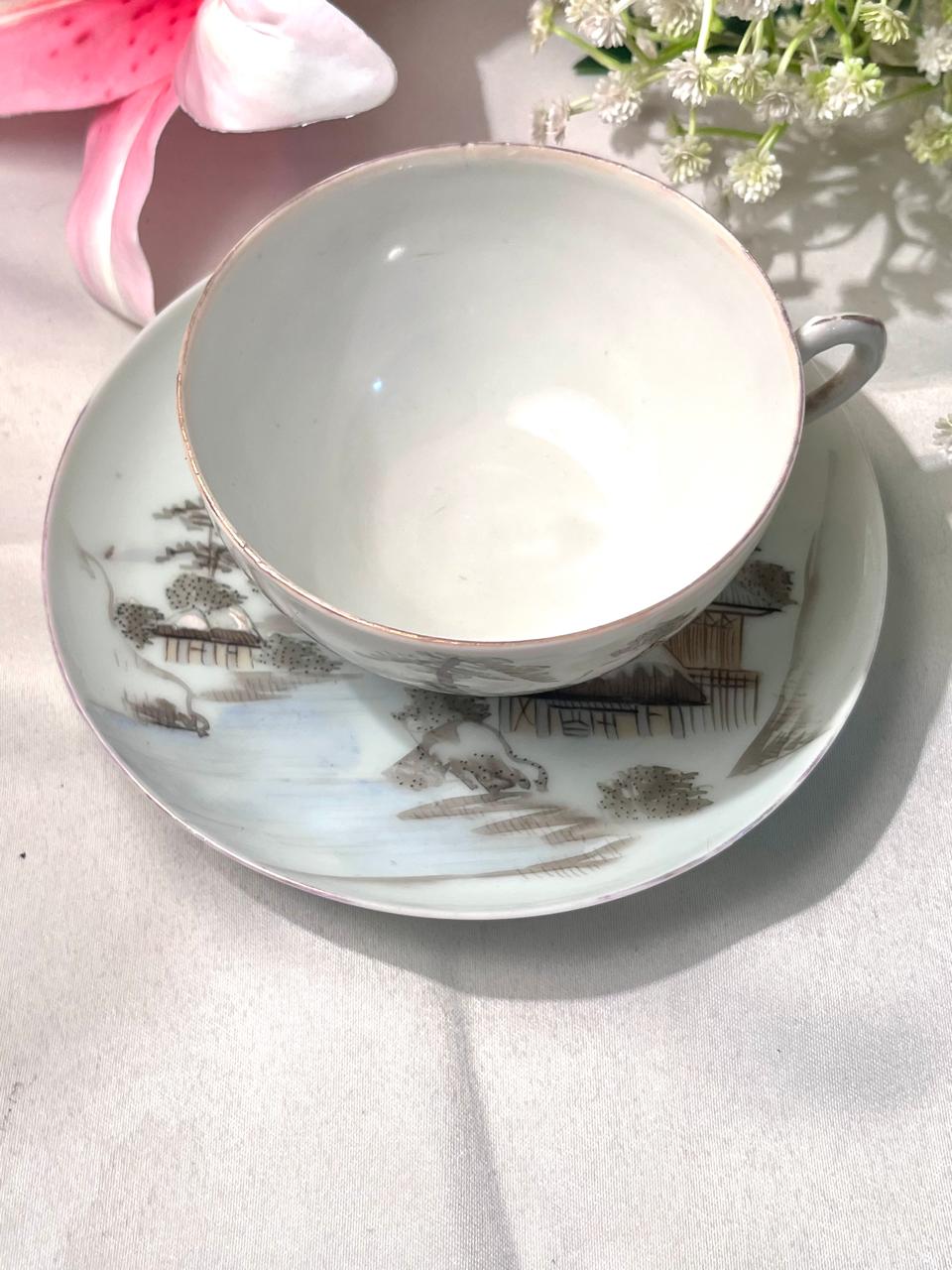 Asian Scenic Teacup & Saucer Set 2-Piece 4 Inch