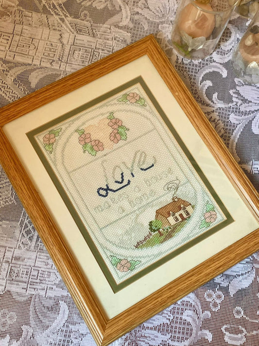 Vintage “LOVE Cottage” Cross Stitch Wall Art – Wooden Frame Decor