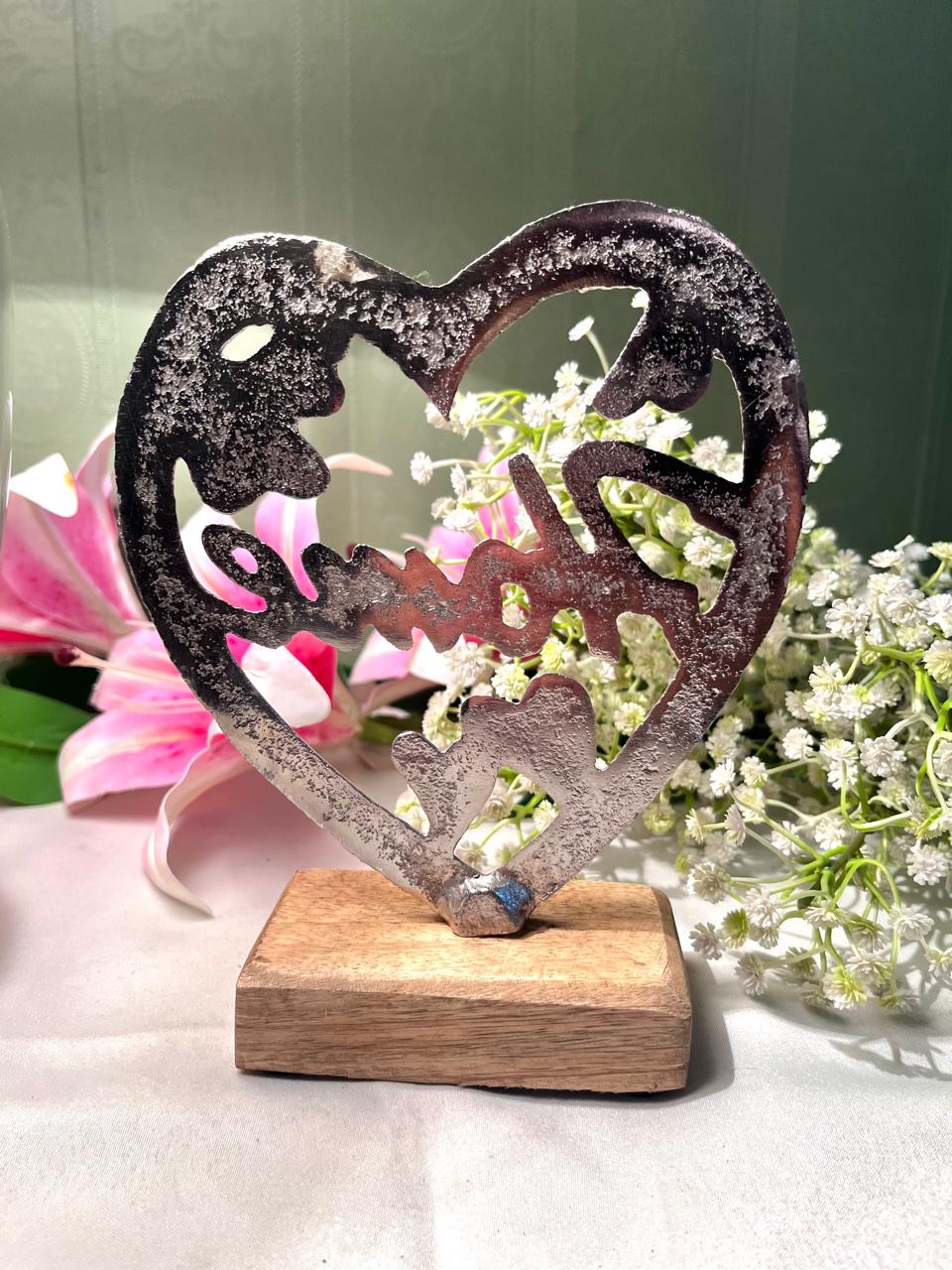 Silver-Tone Heart Home Decor on Wood Base 6.5 Inch