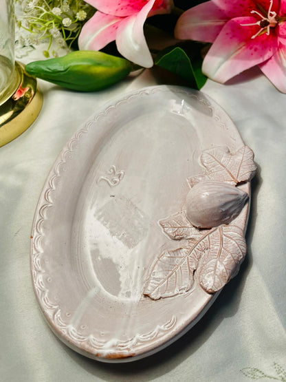 Hand painted Pink Fig & Leaf Ceramic Serving Dish 9 in