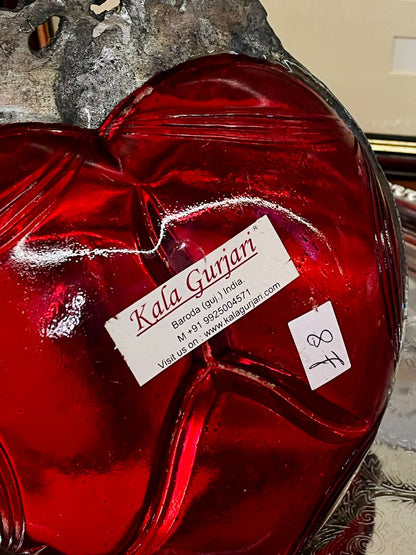 Red Glass & Metal Leaf-Shape Divided Serving Dish , Silverware