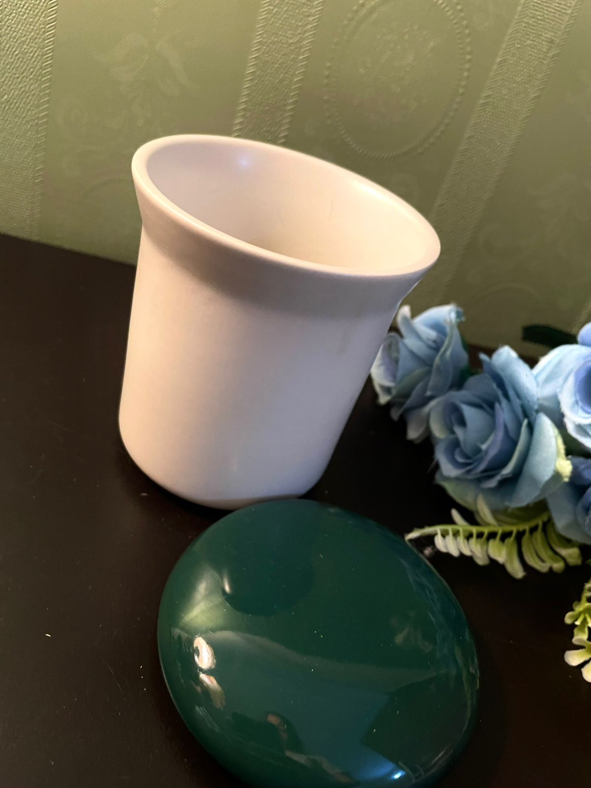 Vintage White Ceramic Storage Jar with Green Lid 4 Inch