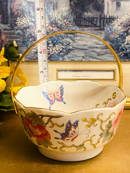 Vintage Floral Butterfly Porcelain Basket Bowl 5"