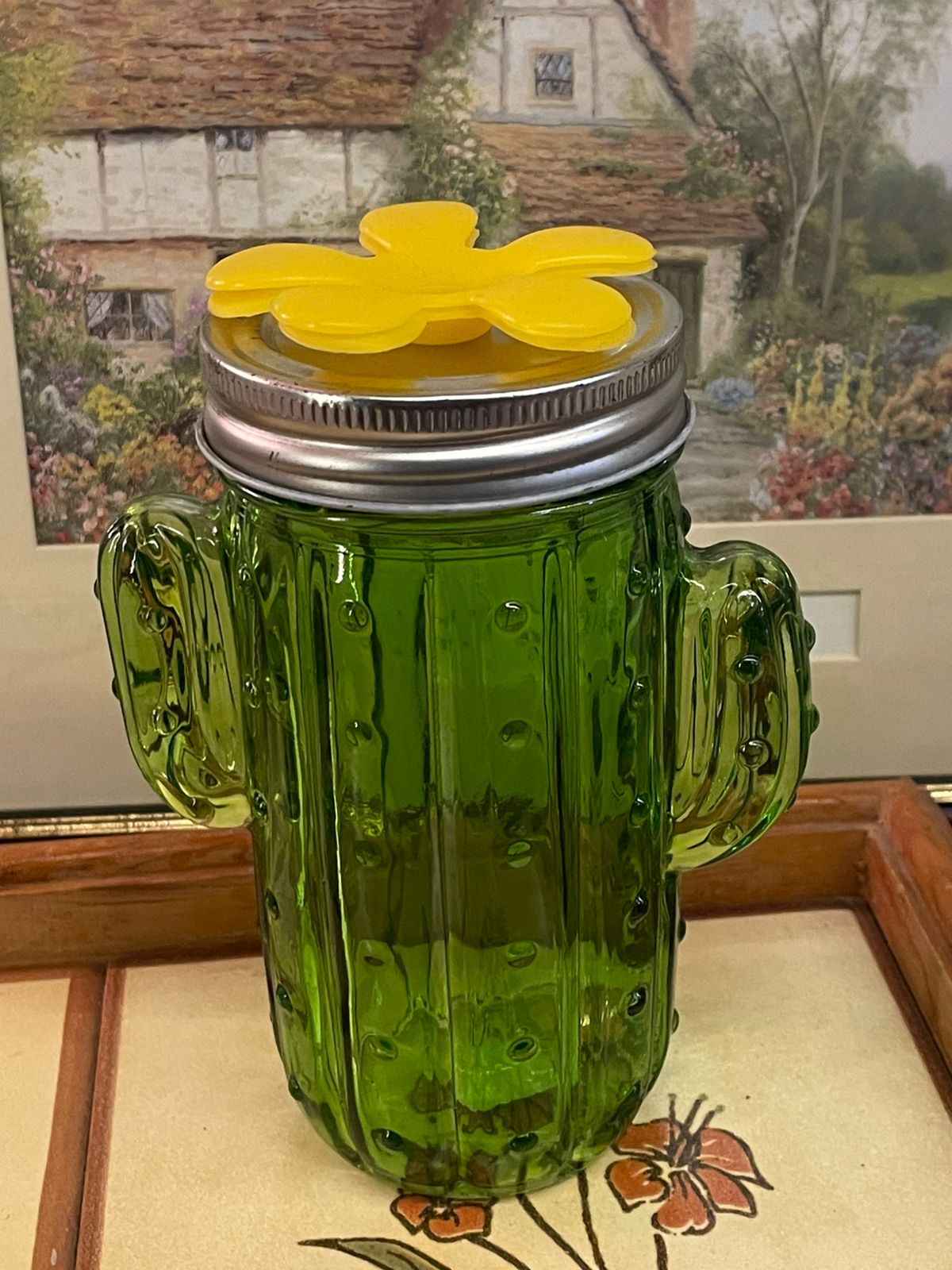 cactus glass jar, cactus decor, green glass jar, novelty jar, decorative jar, cactus kitchen decor, storage jar, themed jar, fun drink jar, silicone flower lid, home decor, quirky decor, gift idea, glass container, party decor, unique jars