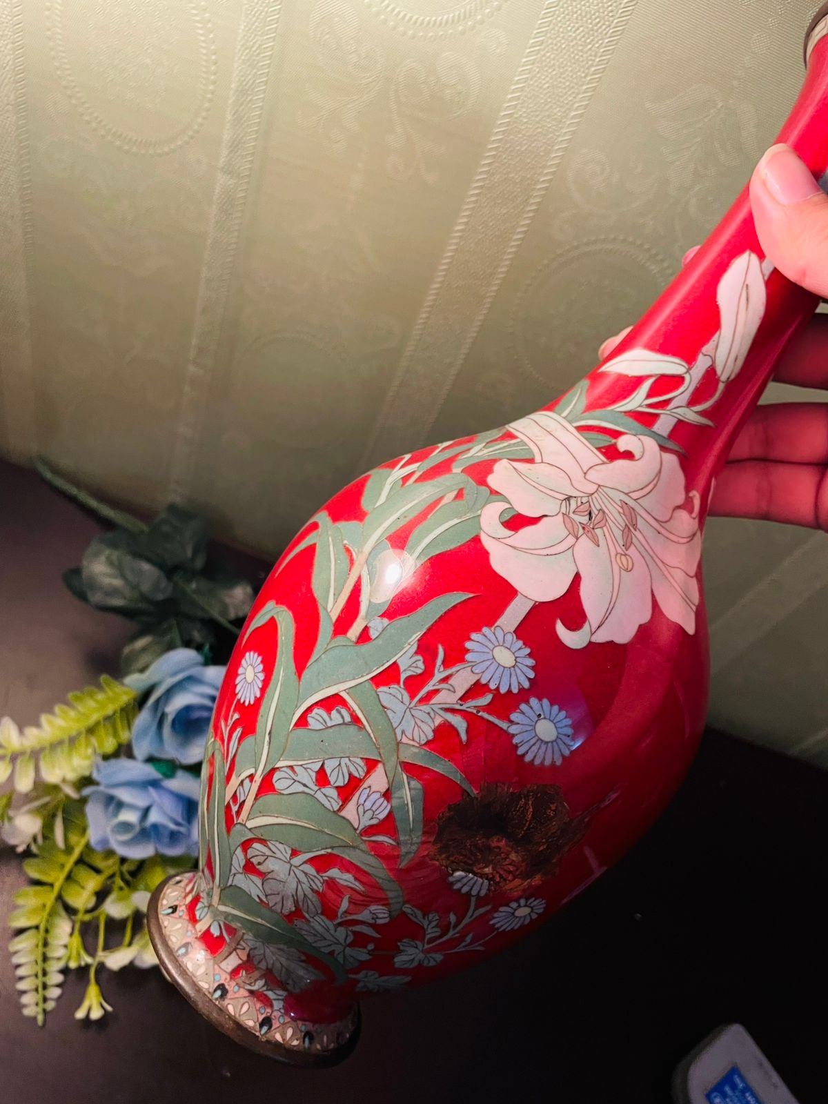 Vintage Red Cloisonné Vase with White Lily Design