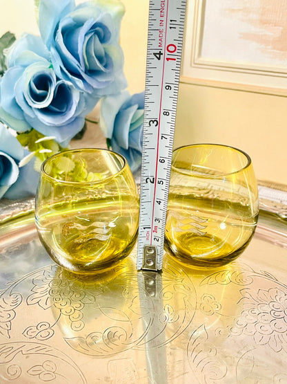 Vintage Coloured Tumbler Glass Set of 6  – Etched Wave