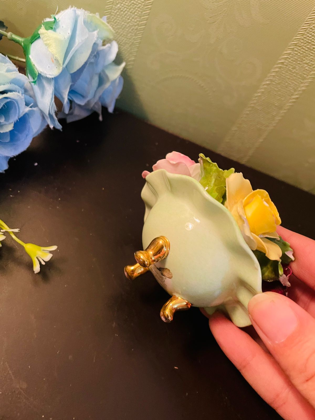 Vintage Porcelain Floral Candle Holder – Hand-Painted Roses Centerpiece, 3 Inch