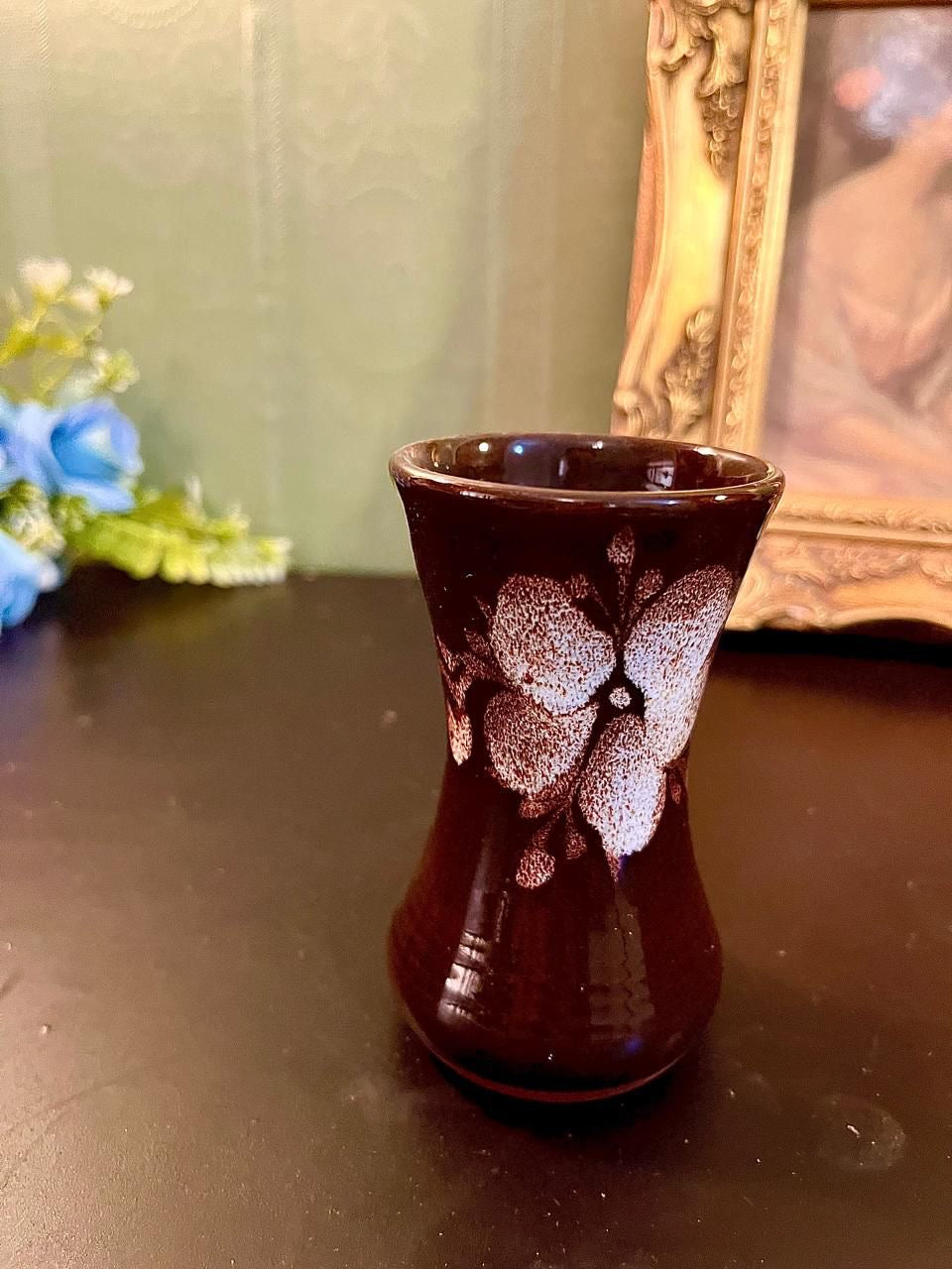 Vintage Brown Floral Ceramic Mini Vase 5 Inch