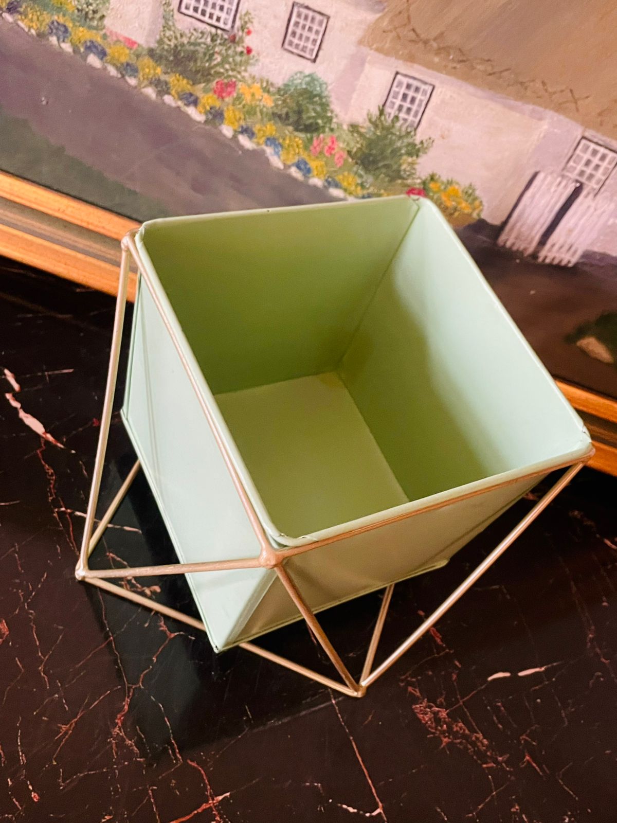 Modern Geometric Mint Green Metal Planter with Gold Stand – 7.5 Inch