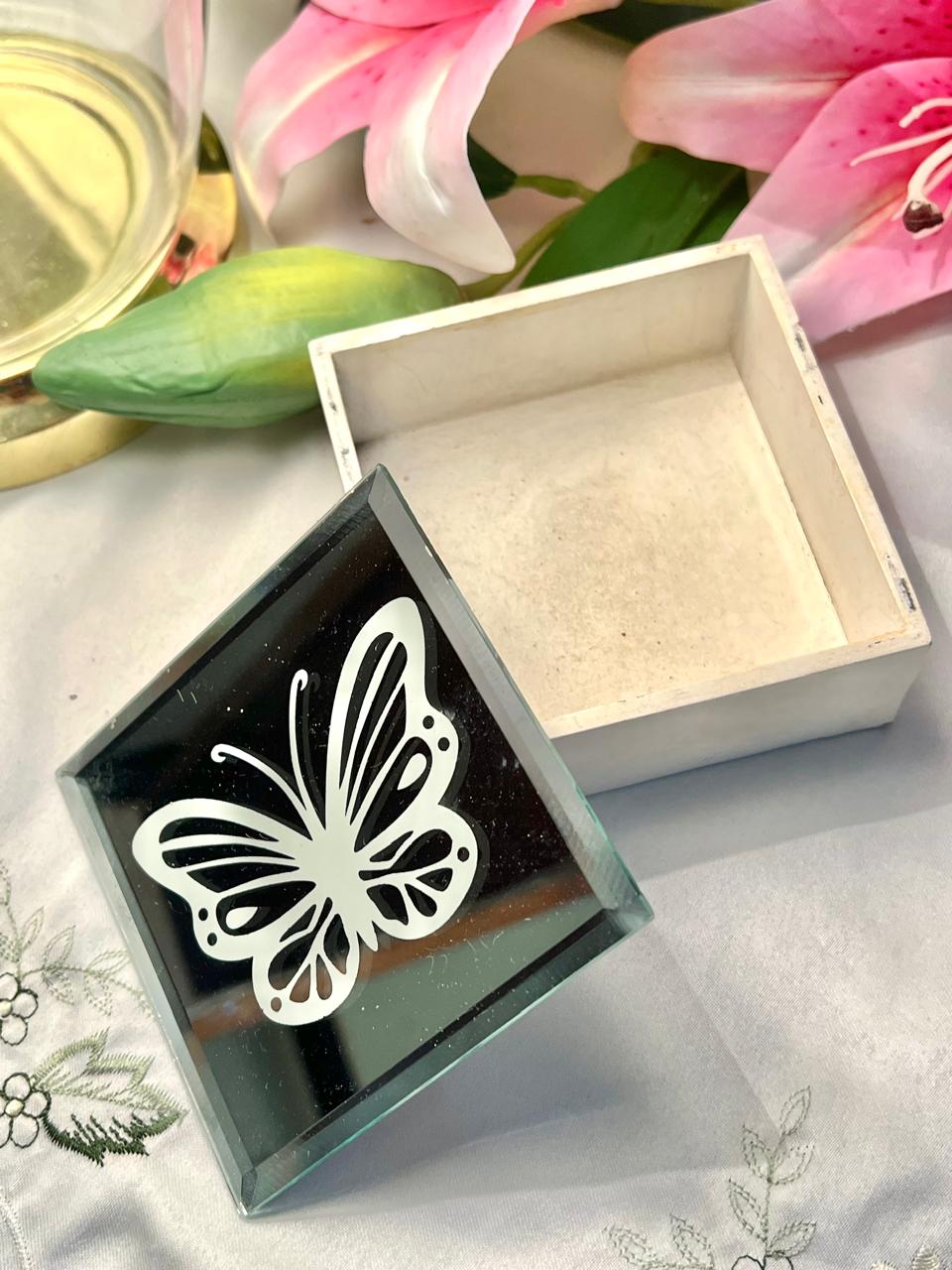 Mirrored Butterfly Trinket Box – Square Decorative Keepsake Box, Approx. 10 cm