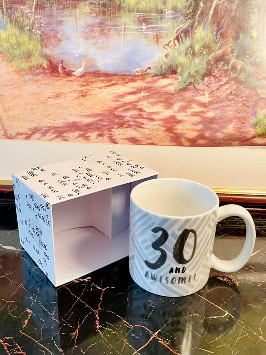 30th birthday mug, milestone birthday gift, 30 and awesome mug, hotchpotch london mug, luxe ceramic cup, birthday coffee mug, vintage gift finds, collectible mugs UK, 30 years old gift, birthday keepsake mug