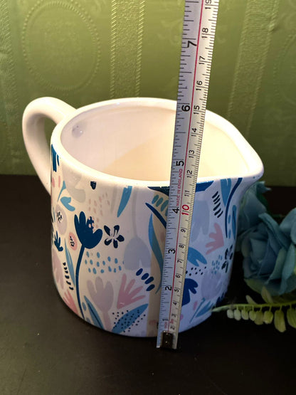 Modern Floral Ceramic Jug Pastel Blue Pink Pitcher