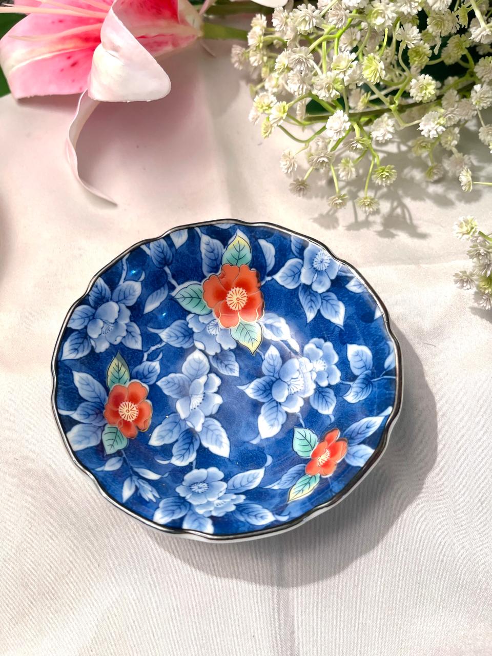 Blue Floral Porcelain Bowl with Red Flowers – 11 cm