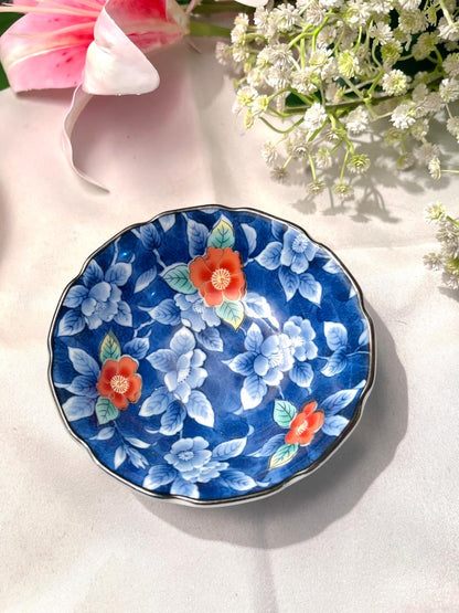 Blue Floral Porcelain Bowl with Red Flowers – 11 cm